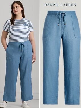 Lauren Ralph Lauren Linen Wide Leg Pants Blue 14W Plus Drawstring Coastal Summer